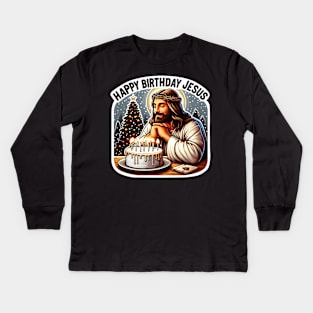 Happy Birthday Jesus Make A Wish Birthday Cake Christmas Trees Snowing Kids Long Sleeve T-Shirt